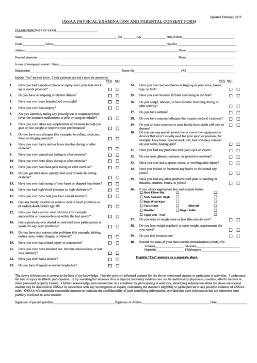 Ossaa Physical Examination And Parental Consent Form Printable pdf