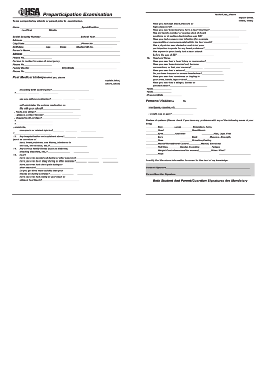 Preparticipation Examination Form Illinois Printable pdf