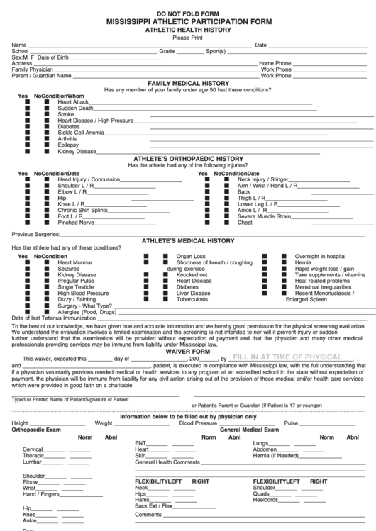Mississippi Athletic Participation Form Printable pdf
