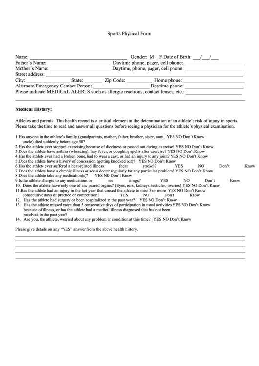 Sport Physical Form Printable pdf