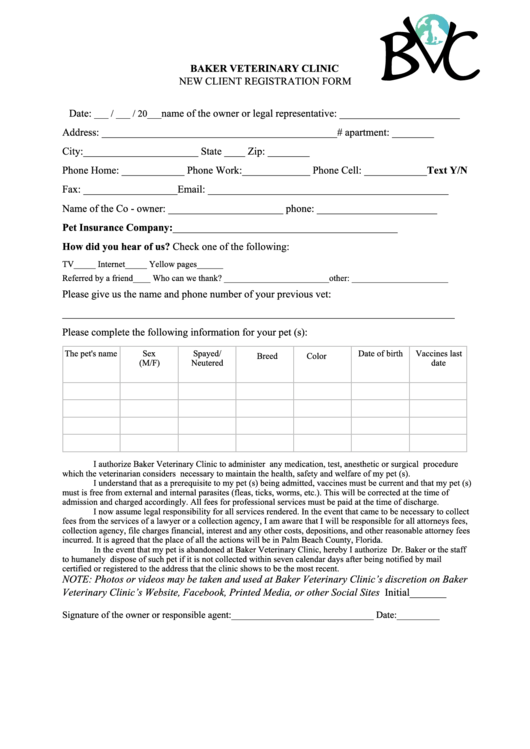 New Client Registration Form - Baker Veterinary Clinic Printable pdf