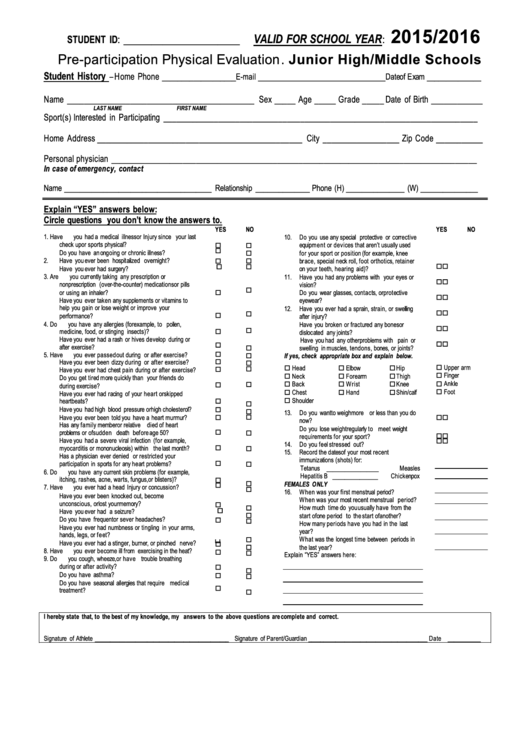 Middle Schools Pre-participation Physical Evaluation Form