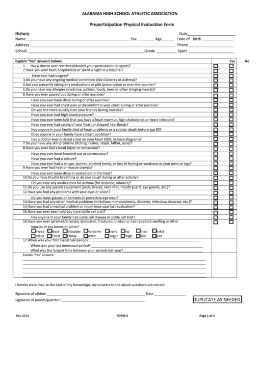 Alabama Preparticipation Physical Evaluation Form Printable pdf
