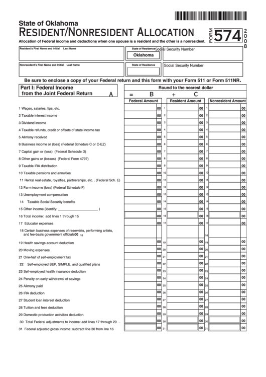 Fillable Form 574 - Resident/nonresident Allocation Form - 2008 Printable pdf