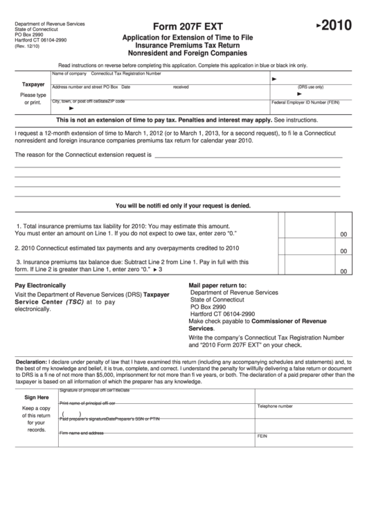 Form 207f Ext - Application For Extension Of Time To File Insurance Premiums Tax Return Nonresident And Foreign Companies - 2010 Printable pdf