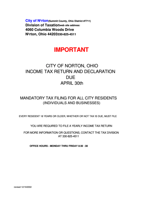 Fillable City Of Norton, Ohio Income Tax Return And Declaration Form Printable pdf