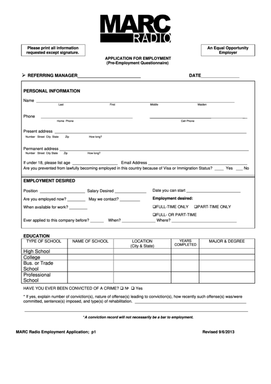 Application For Employment (PreEmployment Questionnaire) Form