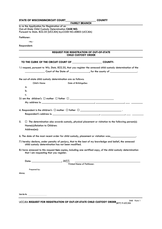 Fillable Request For Registration Of Out-Of-State Child Custody Order Form - Wisconsin Printable pdf