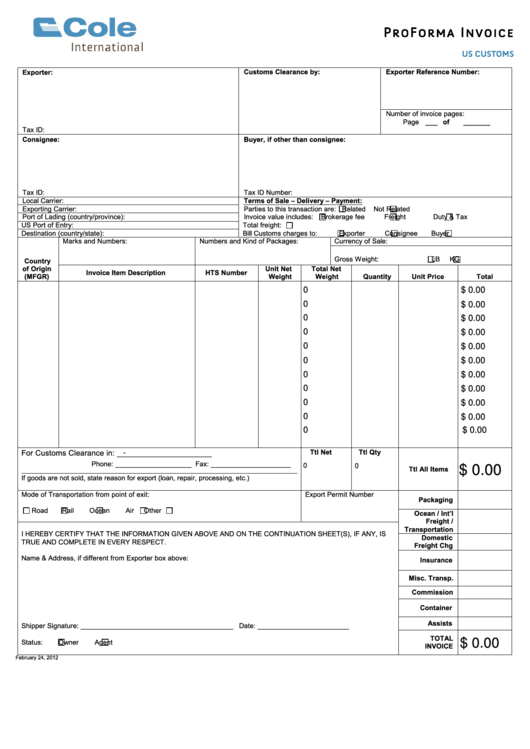 Fillable Proforma Invoice Form Printable pdf