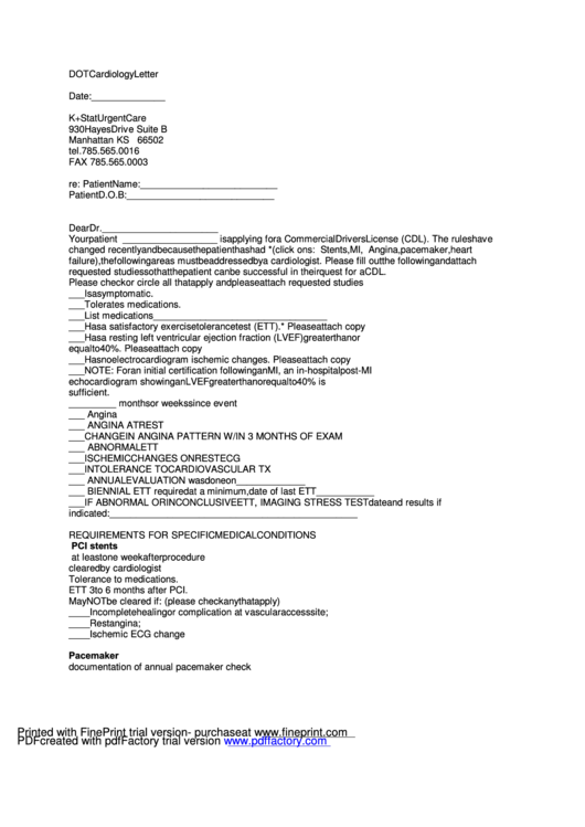 Dot Cardiology Letter Form - K+stat Urgent Care Printable pdf