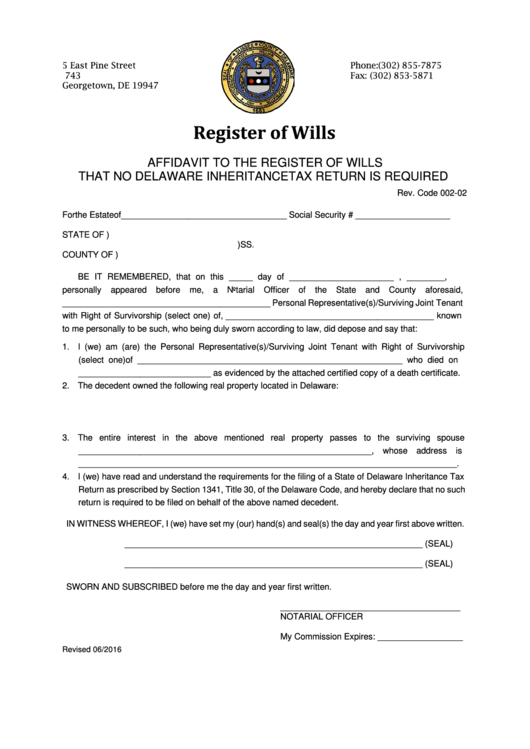 Fillable Register Of Wills Form Affidavit To The Register Of Wills That No Delaware Inheritance Tax Return Is Required Printable pdf