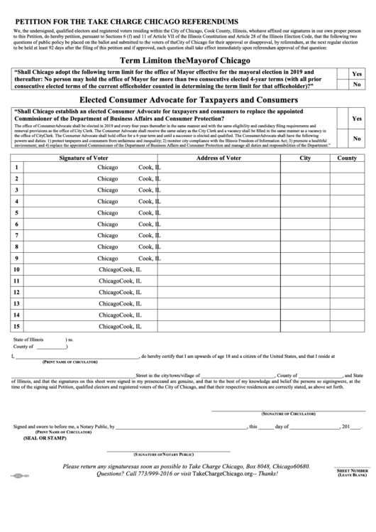 Petition For The Take Charge Chicago Referendums Printable pdf