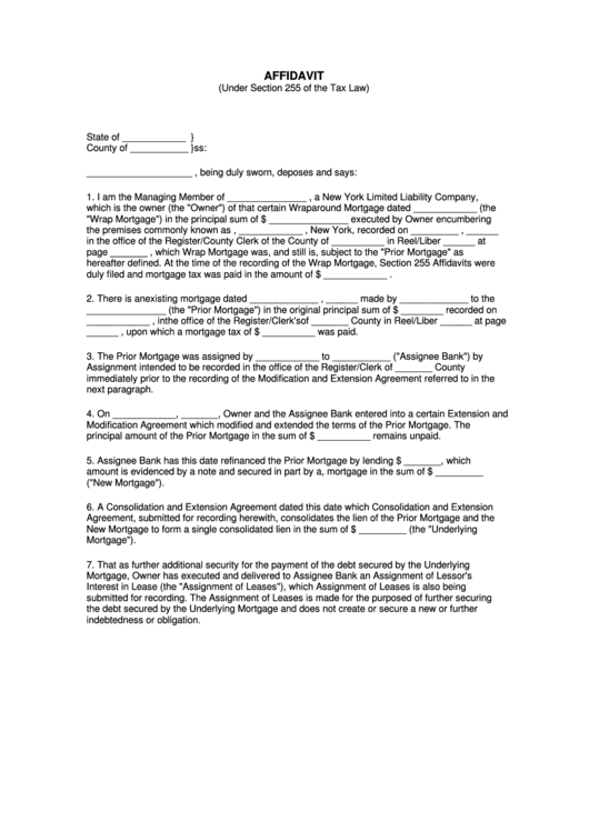Fillable Affidavit (Under Section 255 Of The Tax Law) Form - New York Limited Liability Company Printable pdf
