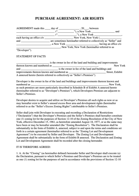 Fillable Purchase Agreement Form - Air Rights Form Printable pdf