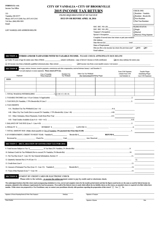 2015 Income Tax Return Form - City Of Vandalia City Of Brookville Printable pdf