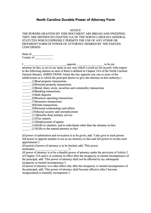Fillable North Carolina Durable Power Of Attorney Form printable pdf