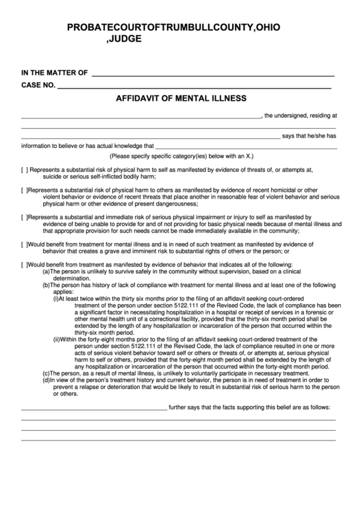 Fillable Affidavit Of Mental Illness - R.c. 5122.111 Form Printable pdf