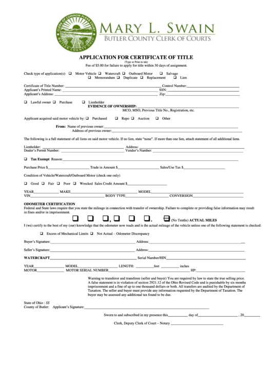 Application For Certificate Of Title Form Printable pdf