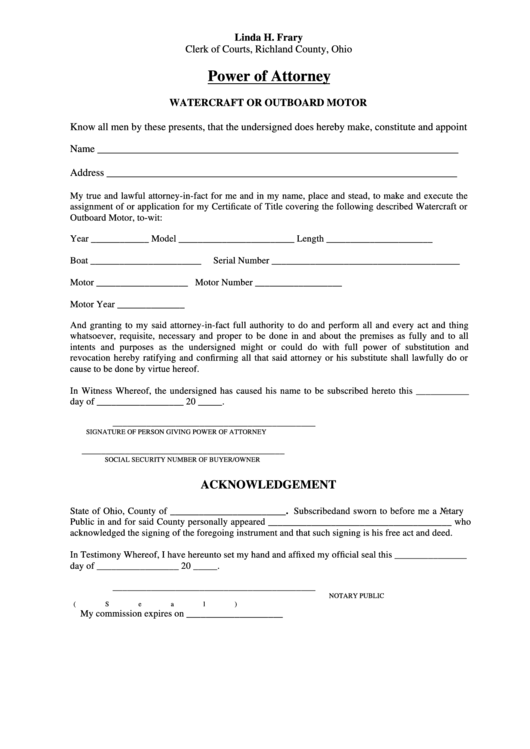 Power Of Attorney Form - Watercraft Or Outboard Motor Printable pdf