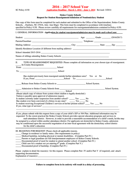 Request For Student Reassignment/admission Of Nondomiciiary Student Form Printable pdf