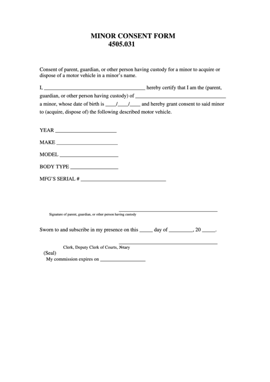 Minor Consent Form 4505.031 O.r.c. Printable pdf