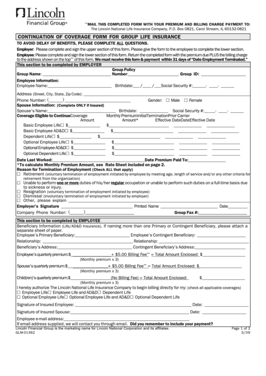 Fillable Continuation Of Coverage Form For Group Life Insurance Form - Lincoln Financial Group Printable pdf