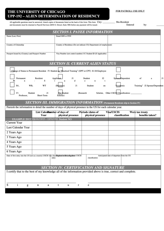 Form Upp-192 - Alien Determination Of Residency Printable pdf