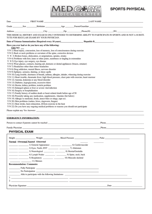 Sports Medical History And Exam Form Printable pdf