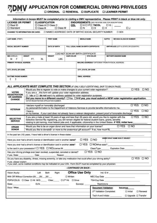 Fillable Form Cdl-002 - Application For Commercial Driving Privileges Printable pdf