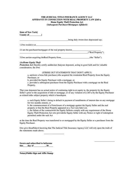 Fillable The Judicial Title Insurance Agency Llc Affidavit In Connection With Real Property Law 265-A Form Printable pdf
