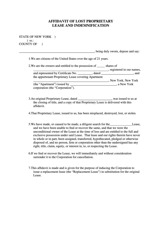 Fillable Affidavit Of Lost Proprietary Lease And Indemnification Form Printable pdf