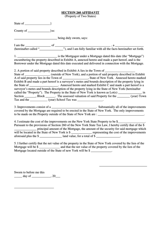 Fillable Section 260 Affidavit (Property Of Two States) Form Printable pdf