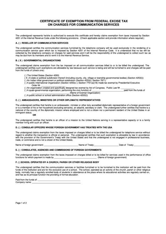 Certificate Of Exemption From Federal Excise Tax On Charges For Communication Services Form Printable pdf