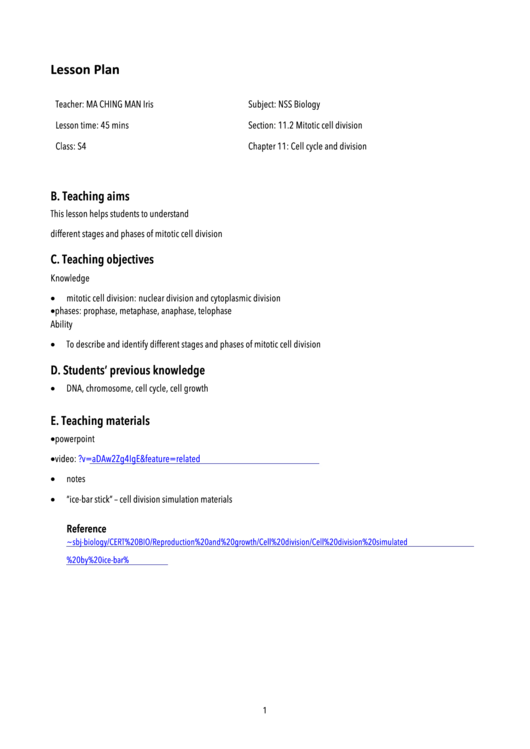 Mitotic Cell Division Lesson Plan Template
