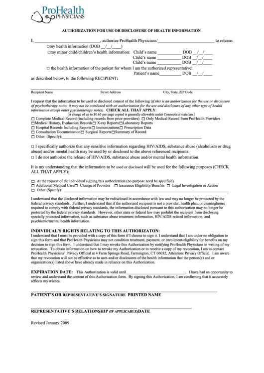 Authorization For Use Or Disclosure Of Health Information Form Printable pdf