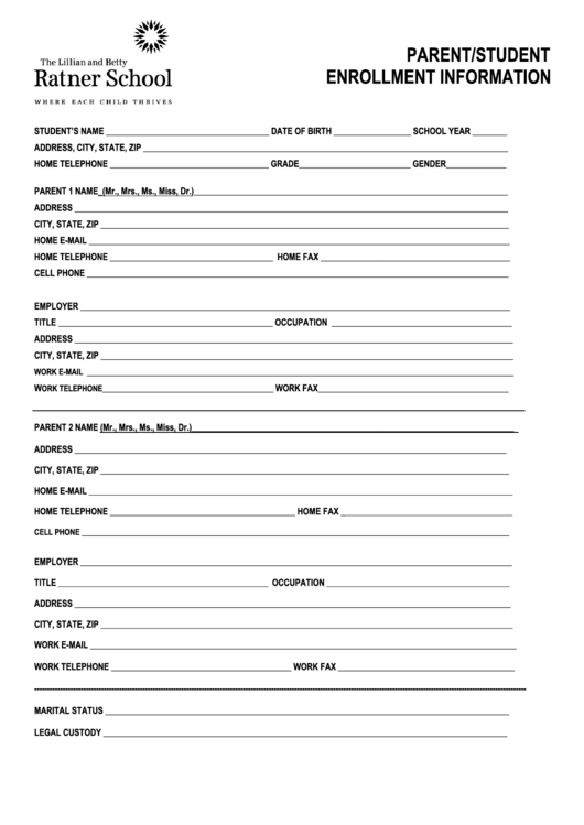 Fillable Parent/student Enrollment Information Form - The Lillian And Betty Ratner School Printable pdf