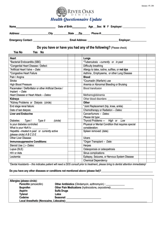 Health Questionnaire Template (Sample) Printable pdf