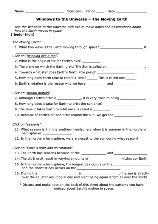 The Moving Earth Astronomy Worksheet Printable pdf