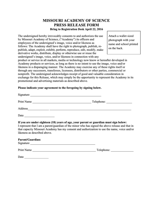 Press Release Form - Missouri Academy Of Science Printable pdf