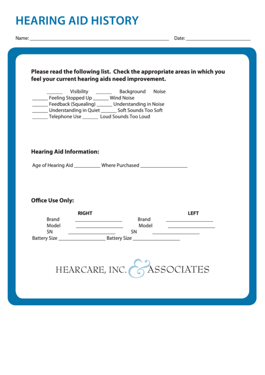 Hearing Aid History Form Printable pdf