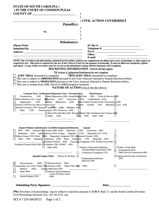 Form Scca / 234 Civil Action Cover Sheet Printable pdf