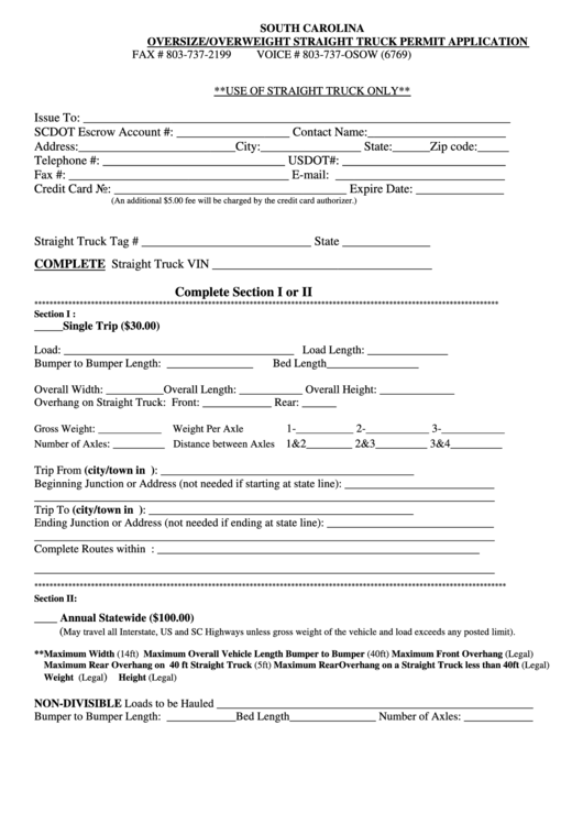 Oversize/overweight Straight Truck Permit Application Form Printable pdf