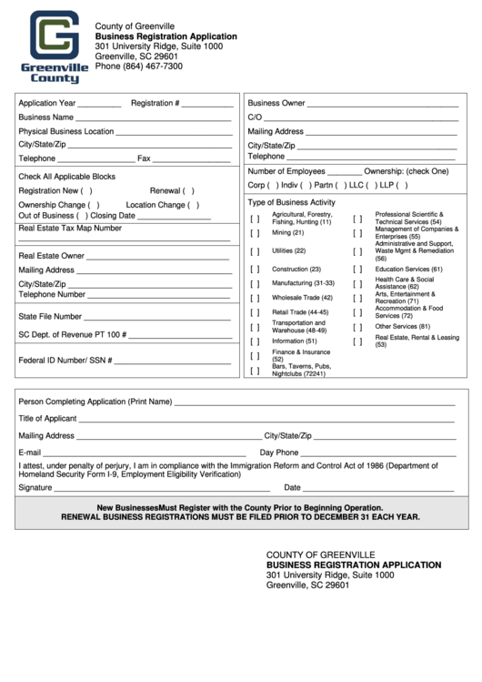 Fillable Business Registration Application Form - County Of Greenville Printable pdf