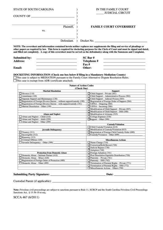 Form Scca 467 Family Court Coversheet 2011 printable pdf download