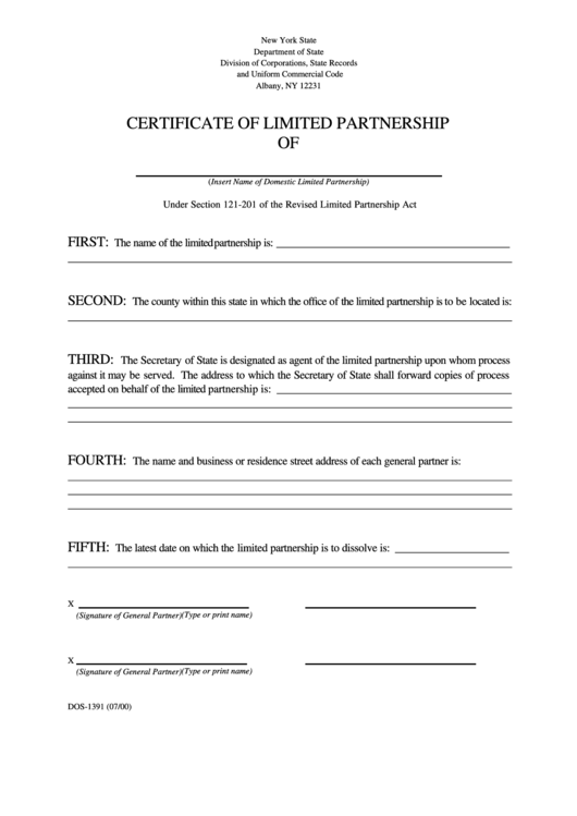 Fillable Certificate Of Limited Partnership - New York Division Of Corporations Printable pdf