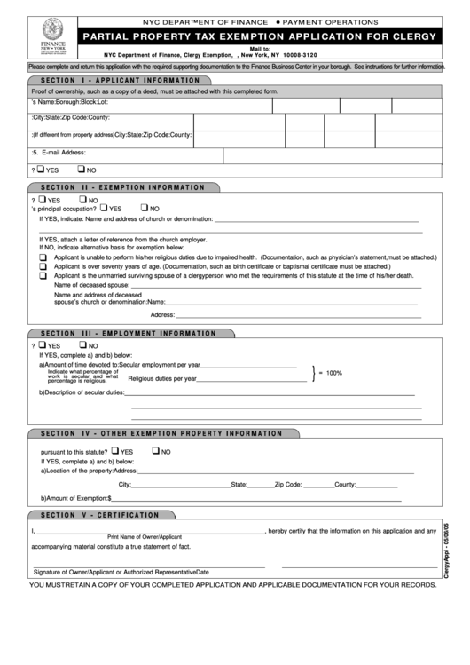 Partial Property Tax Exemption Application For Clergy Form - Nyc Printable pdf