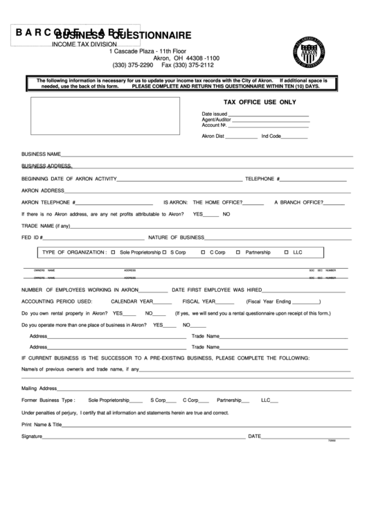 Business Questionnaire Form - Ohio Income Tax Division Printable pdf