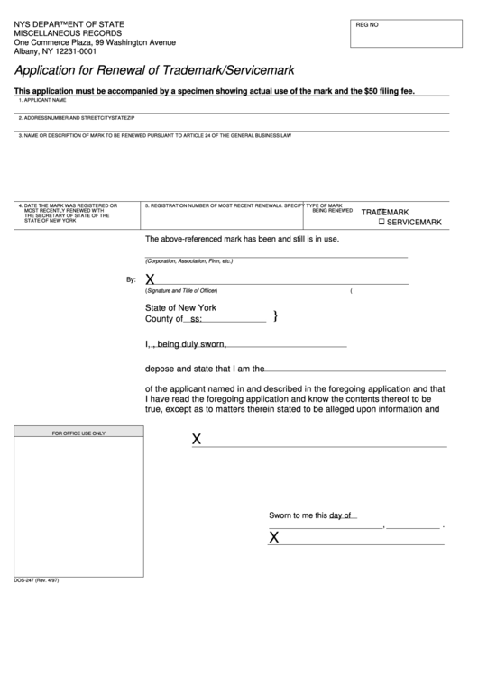 Fillable Application For Renewal Of Trademark/servicemark Form - Nys Printable pdf