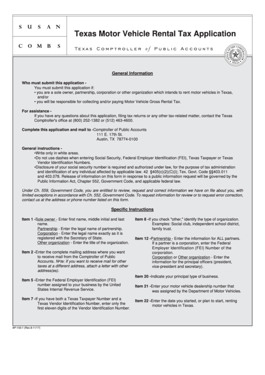 Fillable Form Ap-143-1 - Texas Motor Vehicle Rental Tax Application Form - 2017 Printable pdf