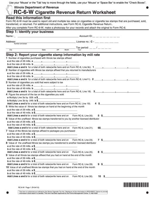 Fillable Form Rc-6-W - Cigarette Revenue Return Worksheet 2010 Printable pdf